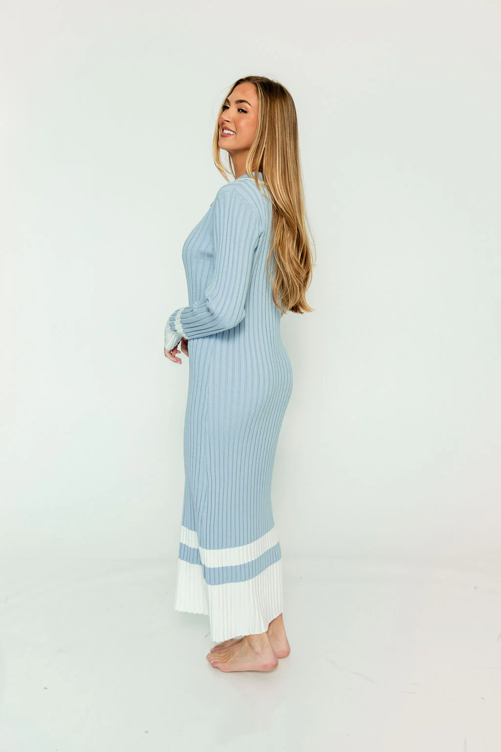 Kris Colorblock Polo Rib-Knit Maxi Dress in Sky - Image 3