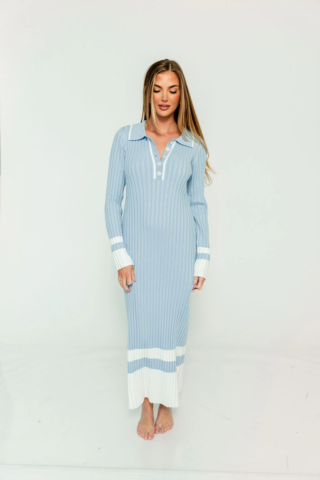 Kris Colorblock Polo Rib-Knit Maxi Dress in Sky - Image 4