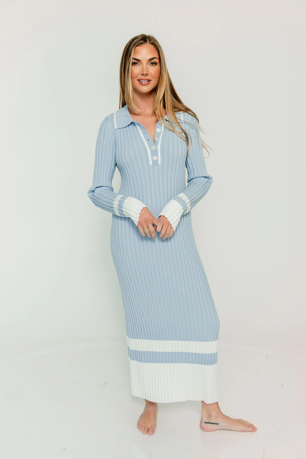 Kris Colorblock Polo Rib-Knit Maxi Dress in Sky - Image 7