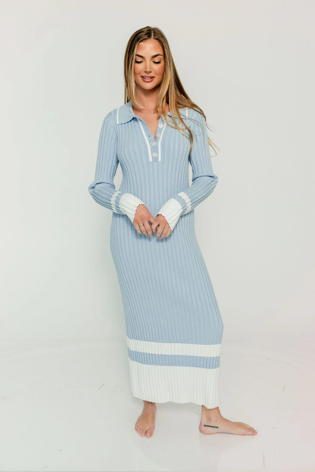 Kris Colorblock Polo Rib-Knit Maxi Dress in Sky - Image 8