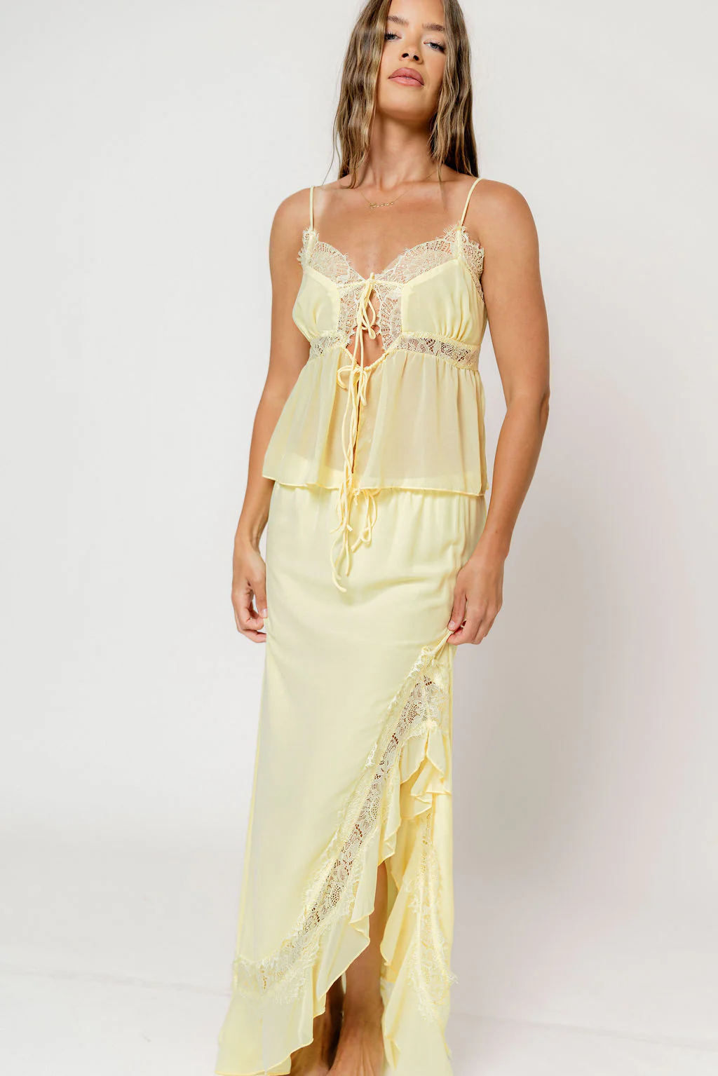 Kristian Lace Trim Front Tie Top and Side Split Maxi Skirt Set in Lemon
