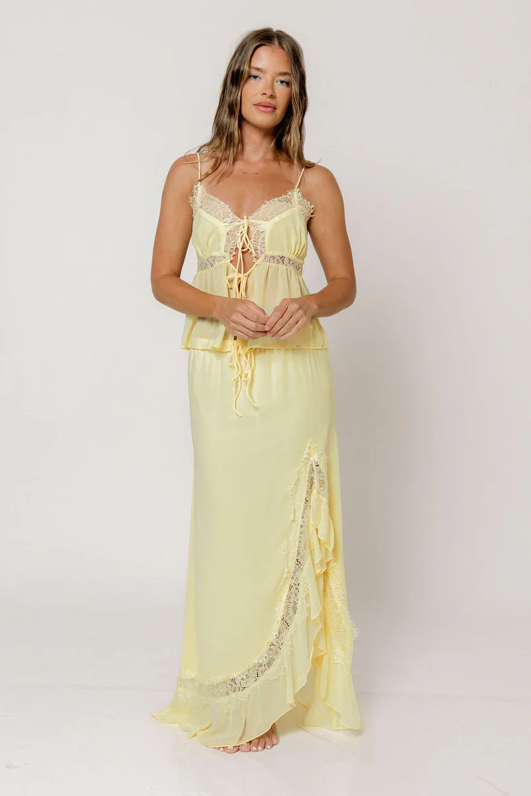 Kristian Lace Trim Front Tie Top and Side Split Maxi Skirt Set in Lemon - Image 2