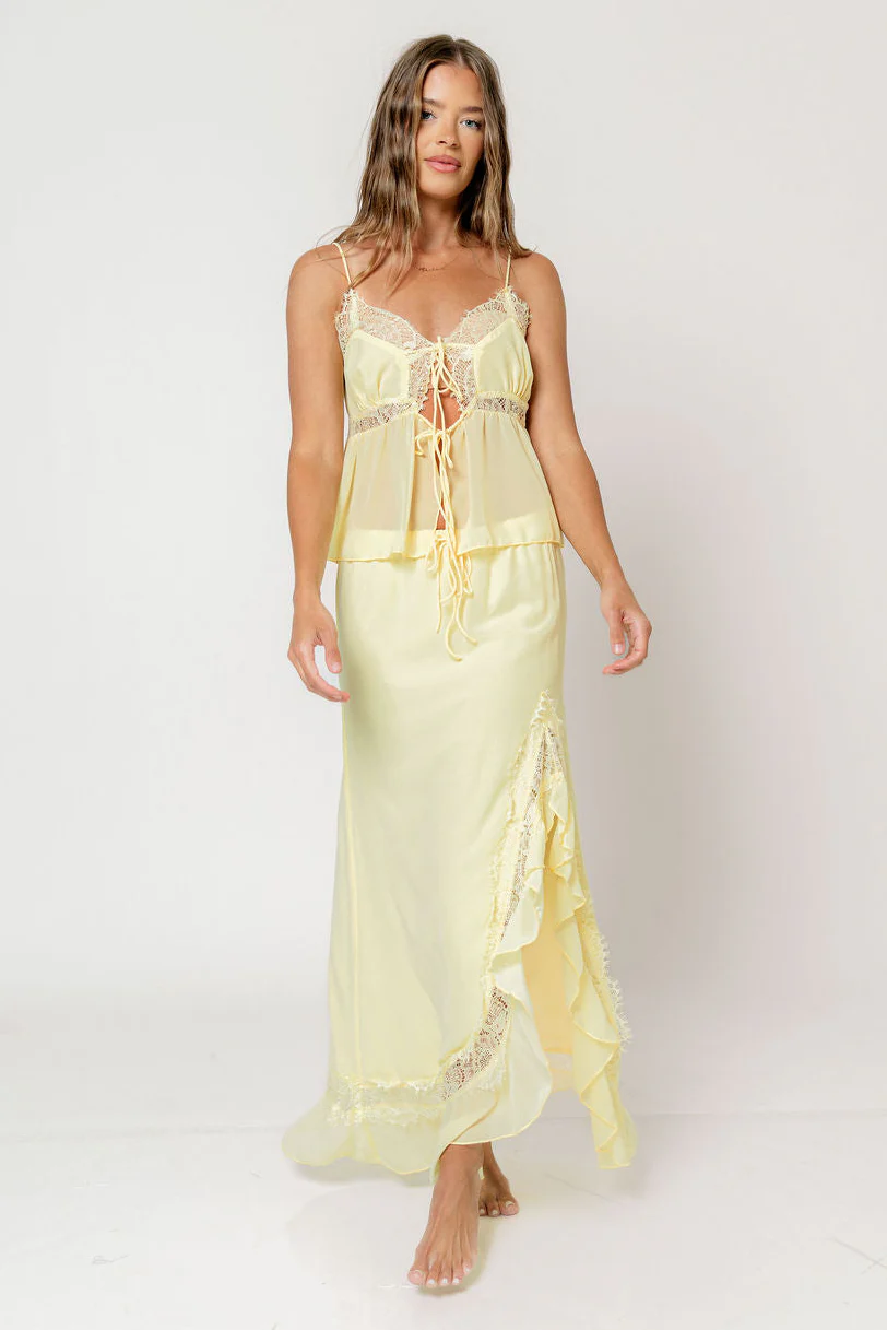 Kristian Lace Trim Front Tie Top and Side Split Maxi Skirt Set in Lemon - Image 3