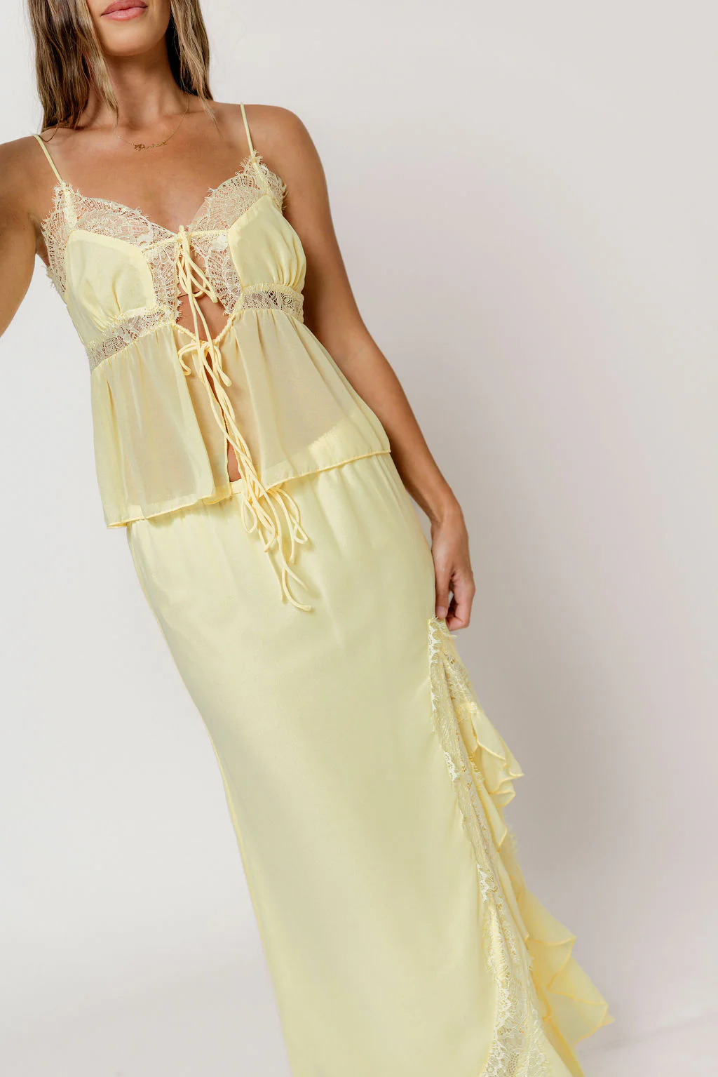 Kristian Lace Trim Front Tie Top and Side Split Maxi Skirt Set in Lemon - Image 5