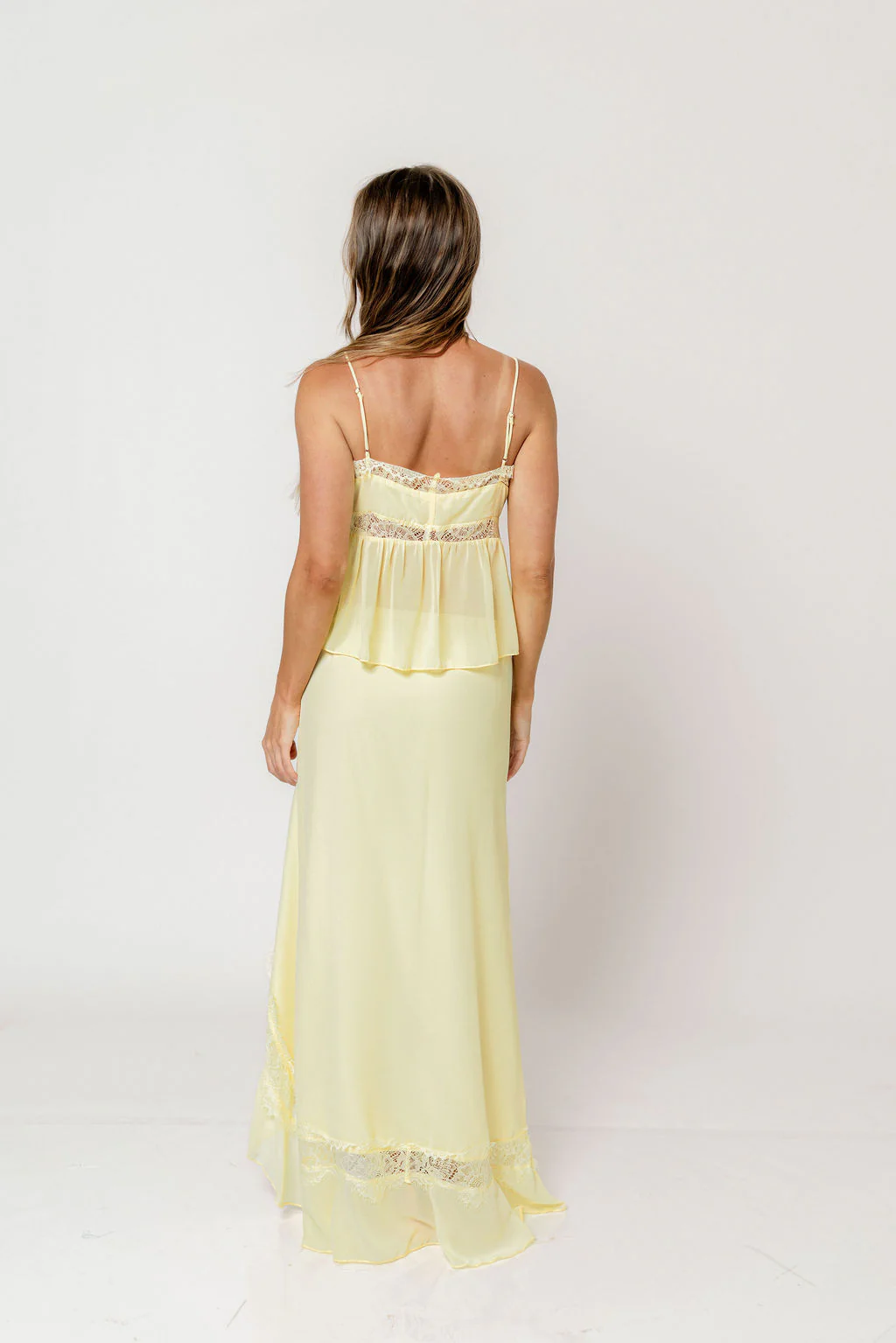Kristian Lace Trim Front Tie Top and Side Split Maxi Skirt Set in Lemon - Image 7