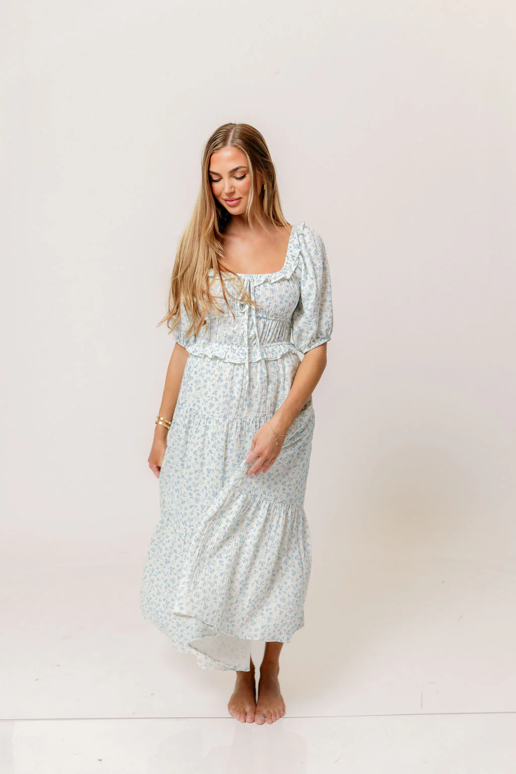 Landon 100% Cotton Ruched Puff Sleeve Ruffle Tiered Floral Midi Dress in Blue - Bump Friendly - Image 2