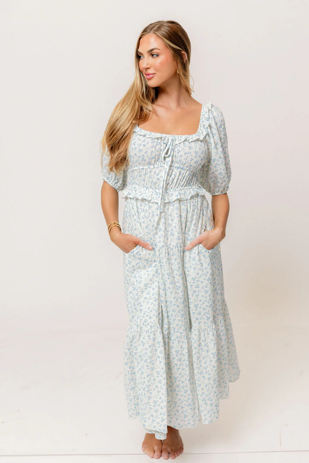 Landon 100% Cotton Ruched Puff Sleeve Ruffle Tiered Floral Midi Dress in Blue - Bump Friendly - Image 4