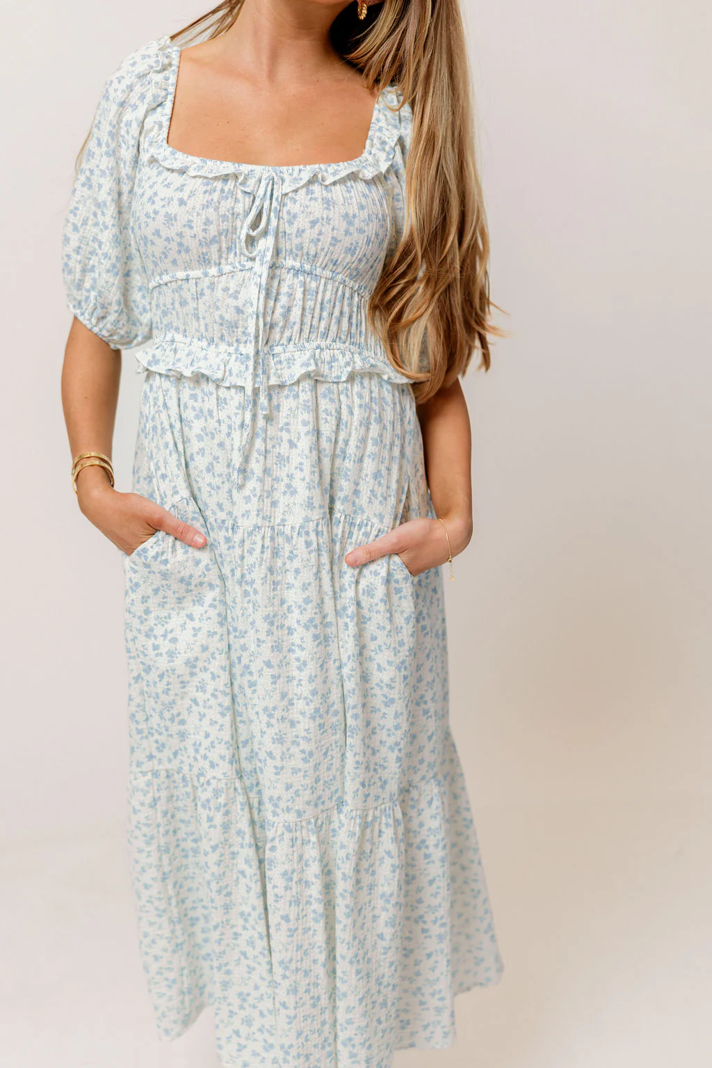 Landon 100% Cotton Ruched Puff Sleeve Ruffle Tiered Floral Midi Dress in Blue - Bump Friendly - Image 5
