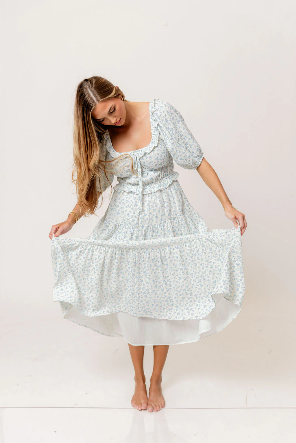 Landon 100% Cotton Ruched Puff Sleeve Ruffle Tiered Floral Midi Dress in Blue - Bump Friendly - Image 6