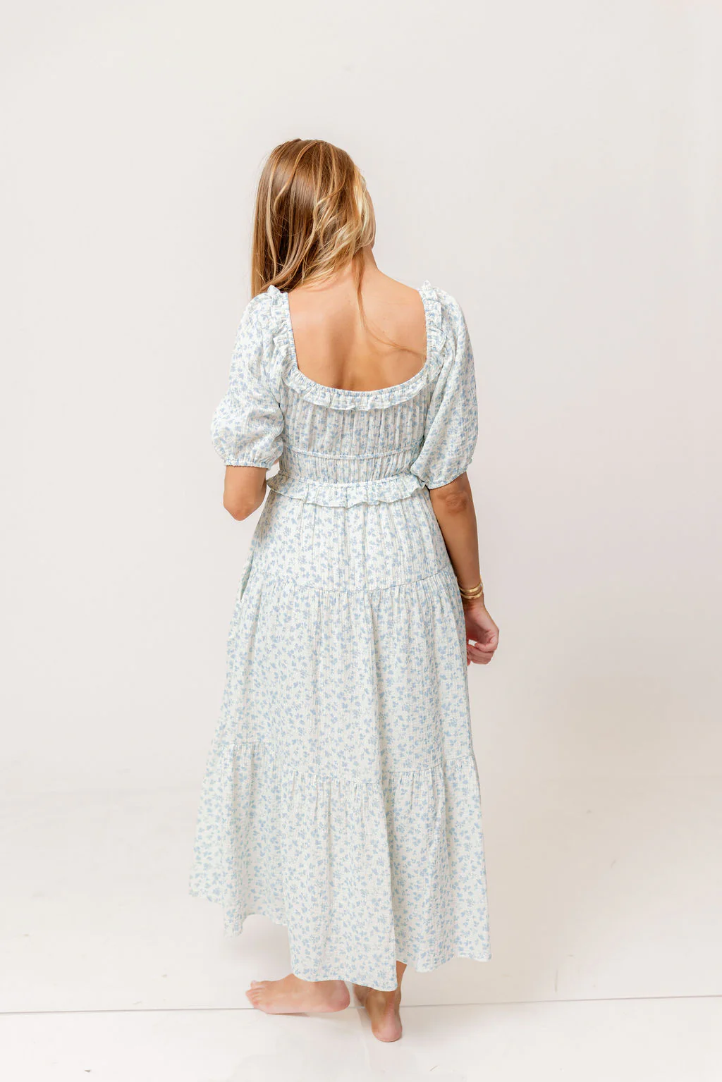 Landon 100% Cotton Ruched Puff Sleeve Ruffle Tiered Floral Midi Dress in Blue - Bump Friendly - Image 7