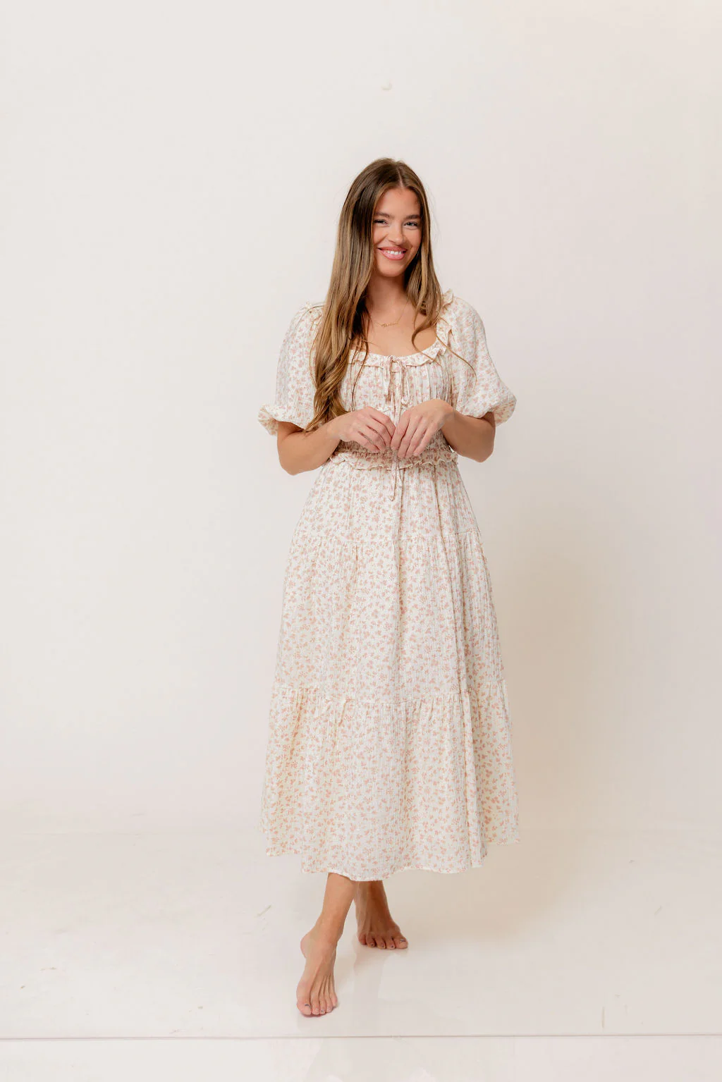 Landon 100% Cotton Ruched Puff Sleeve Ruffle Tiered Floral Midi Dress in Pink - Bump Friendly