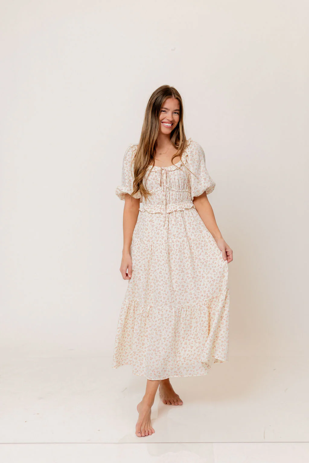 Landon 100% Cotton Ruched Puff Sleeve Ruffle Tiered Floral Midi Dress in Pink - Bump Friendly - Image 2
