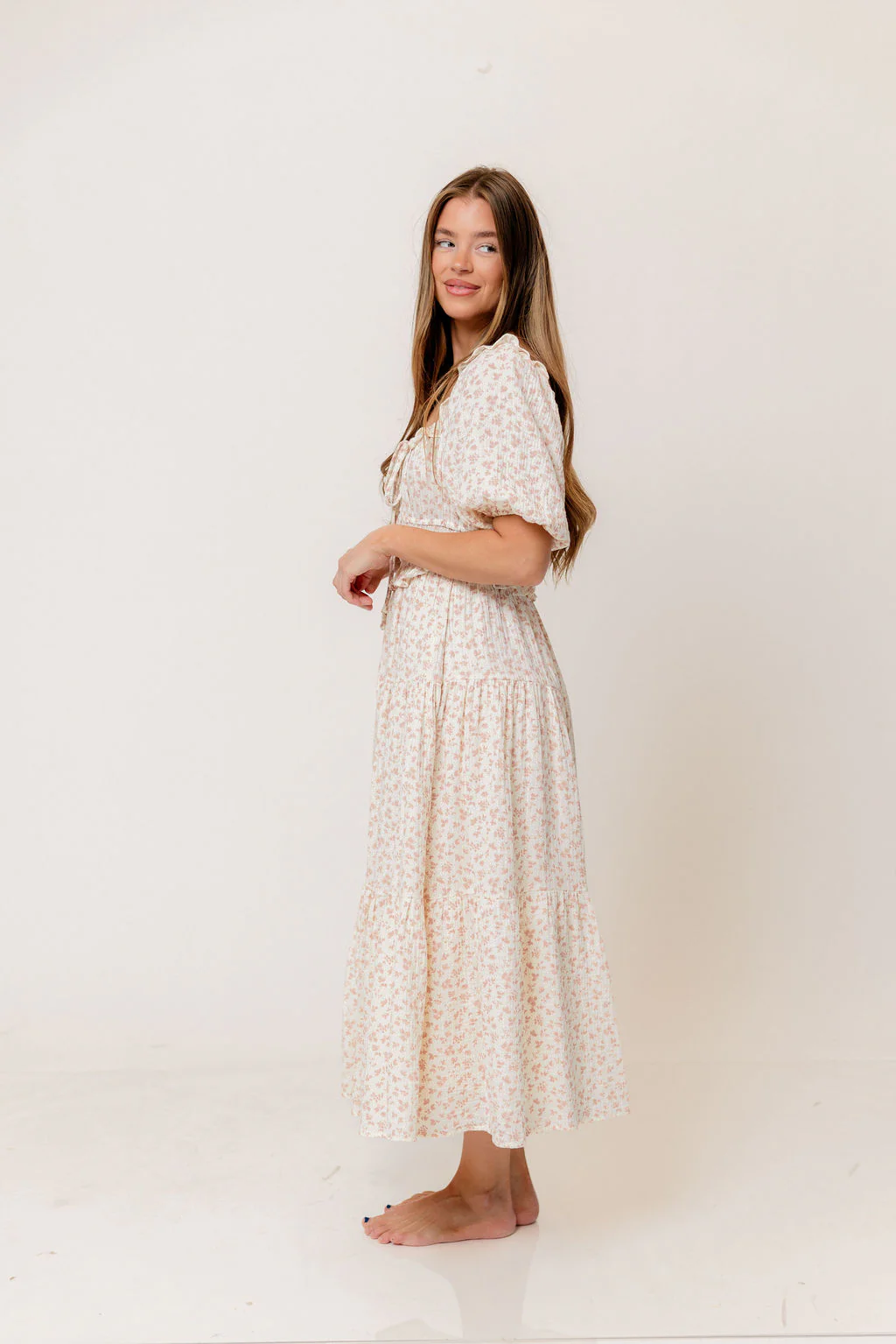 Landon 100% Cotton Ruched Puff Sleeve Ruffle Tiered Floral Midi Dress in Pink - Bump Friendly - Image 4