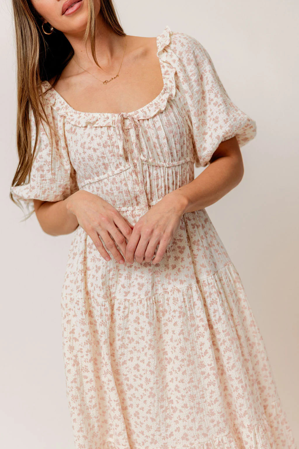Landon 100% Cotton Ruched Puff Sleeve Ruffle Tiered Floral Midi Dress in Pink - Bump Friendly - Image 5
