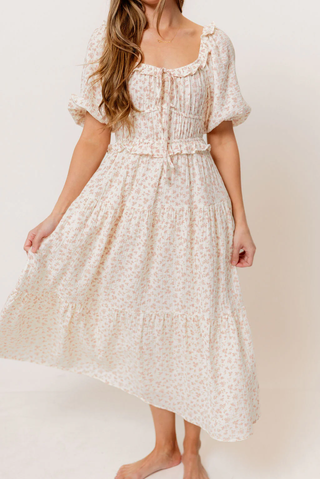 Landon 100% Cotton Ruched Puff Sleeve Ruffle Tiered Floral Midi Dress in Pink - Bump Friendly - Image 6