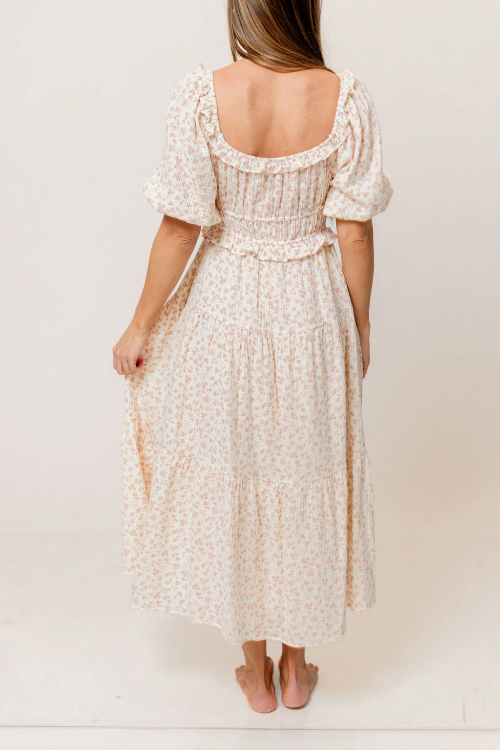 Landon 100% Cotton Ruched Puff Sleeve Ruffle Tiered Floral Midi Dress in Pink - Bump Friendly - Image 8