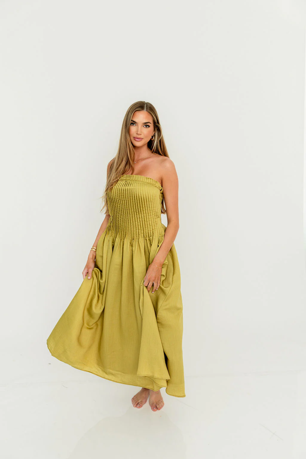 Lavina Strapless Pleated Tube Midi Dress in Dark Kiwi