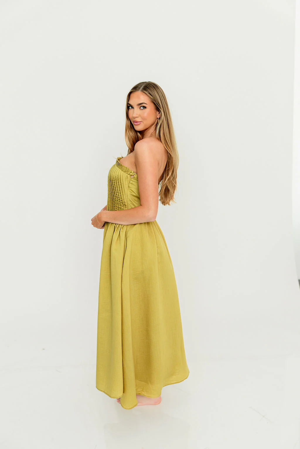 Lavina Strapless Pleated Tube Midi Dress in Dark Kiwi - Image 2