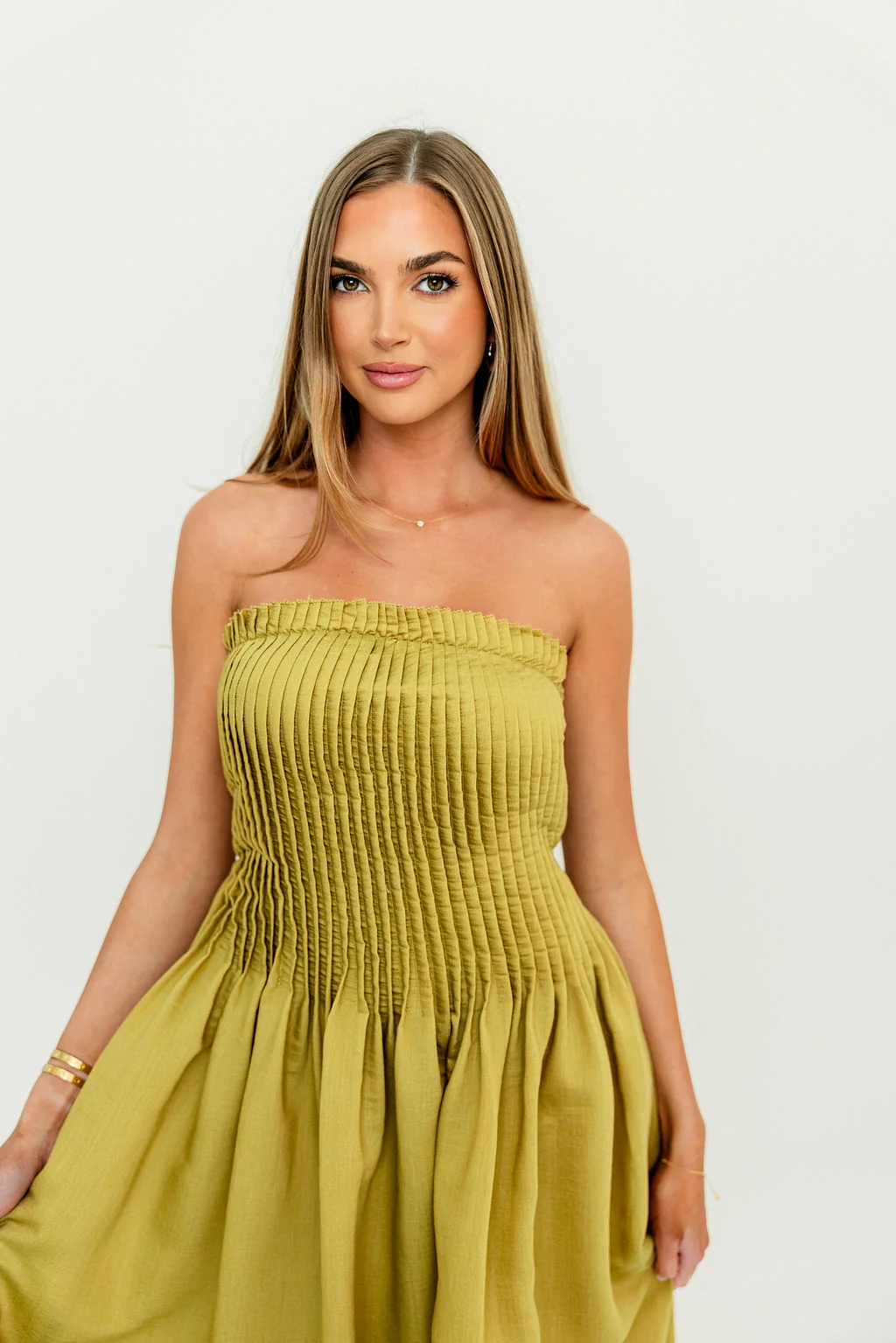 Lavina Strapless Pleated Tube Midi Dress in Dark Kiwi - Image 3