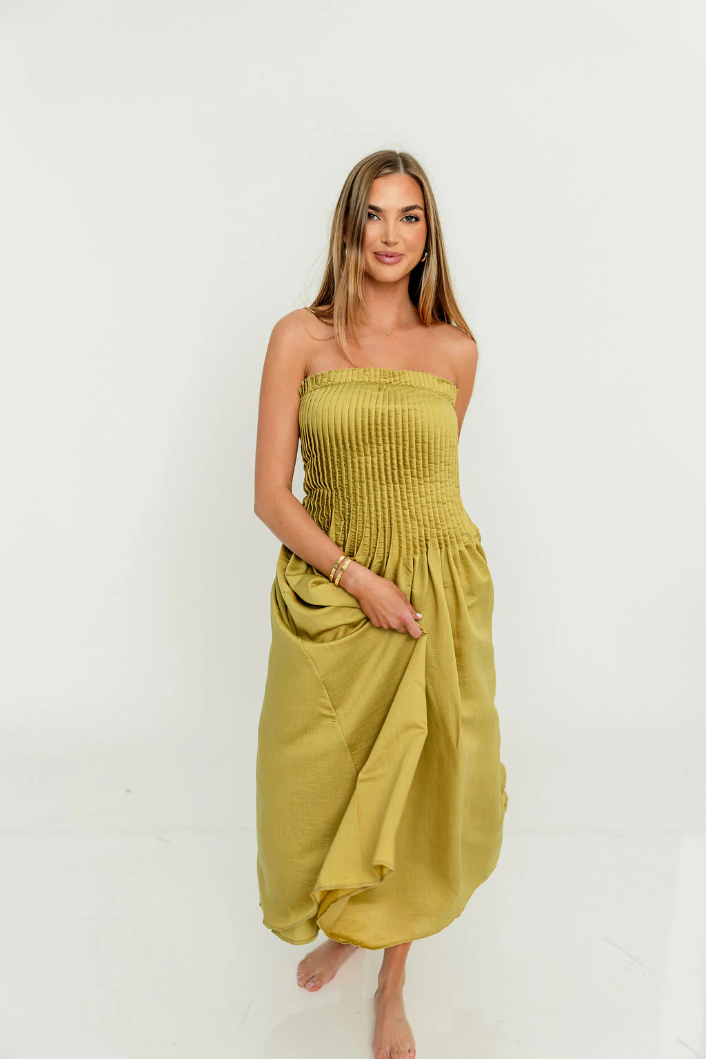 Lavina Strapless Pleated Tube Midi Dress in Dark Kiwi - Image 6