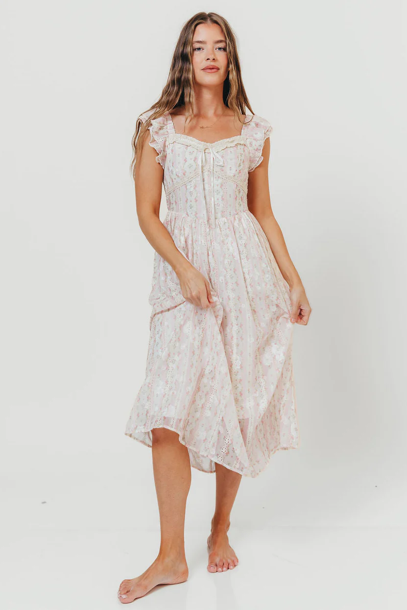 Leighton Vintage Lace Stripe Cottage Midi Dress in Pink