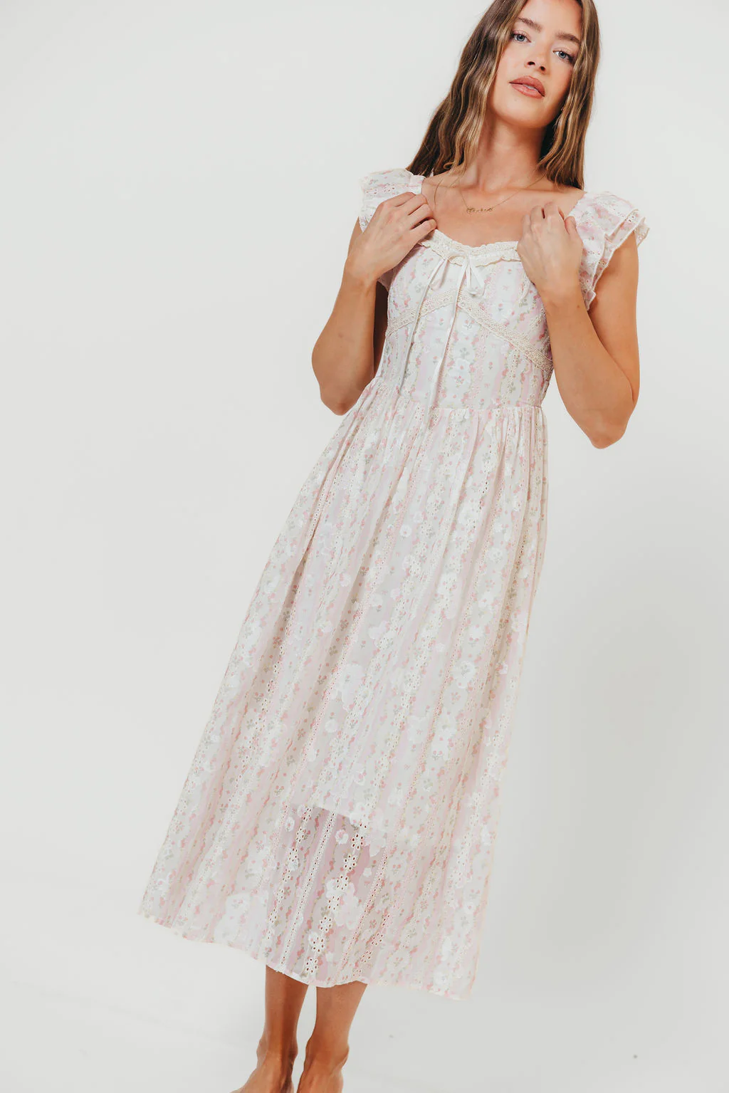 Leighton Vintage Lace Stripe Cottage Midi Dress in Pink - Image 2