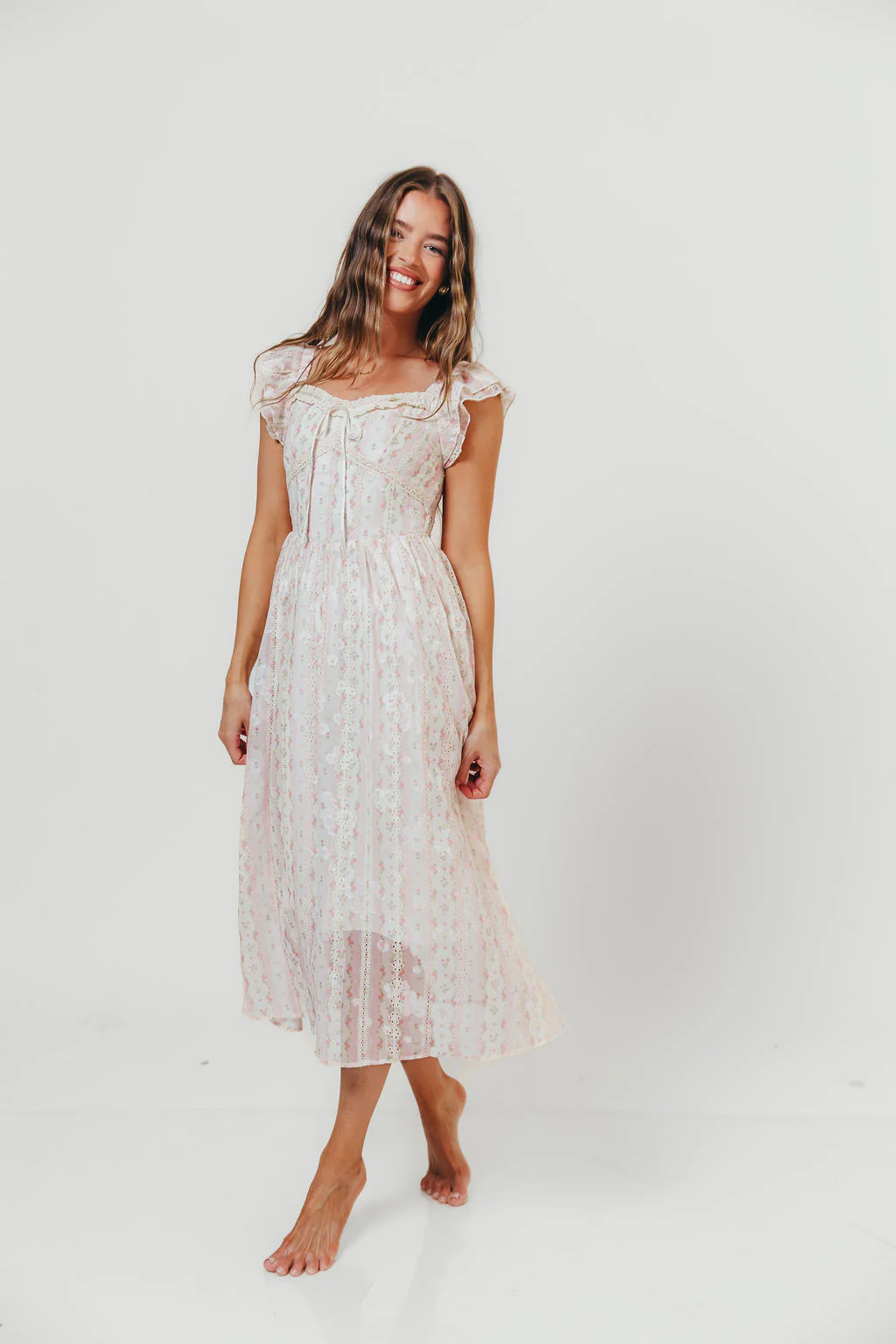 Leighton Vintage Lace Stripe Cottage Midi Dress in Pink - Image 3