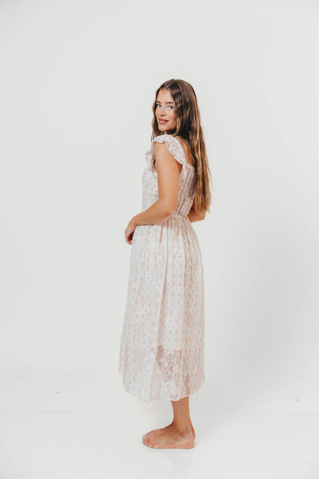 Leighton Vintage Lace Stripe Cottage Midi Dress in Pink - Image 4