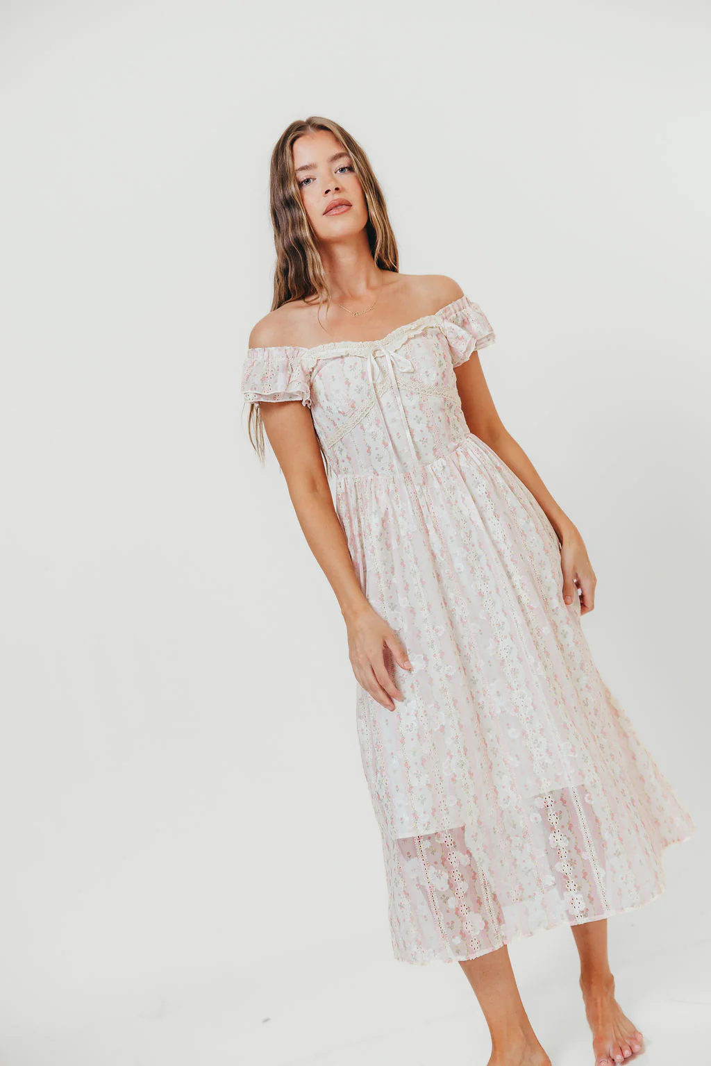 Leighton Vintage Lace Stripe Cottage Midi Dress in Pink - Image 5