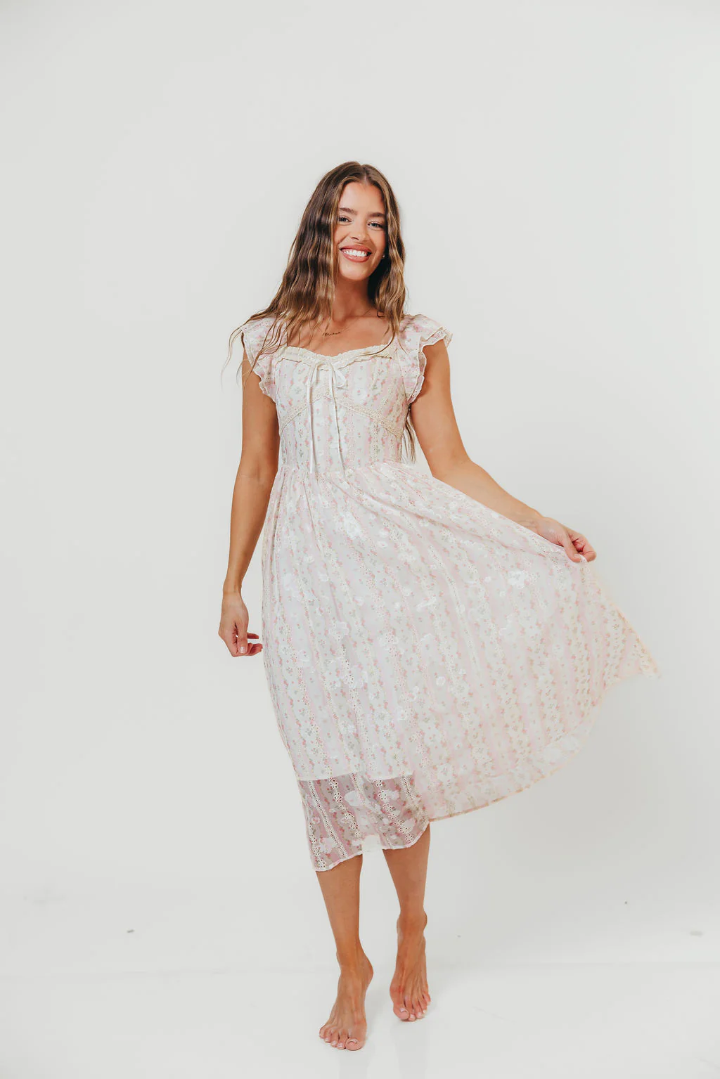 Leighton Vintage Lace Stripe Cottage Midi Dress in Pink - Image 6
