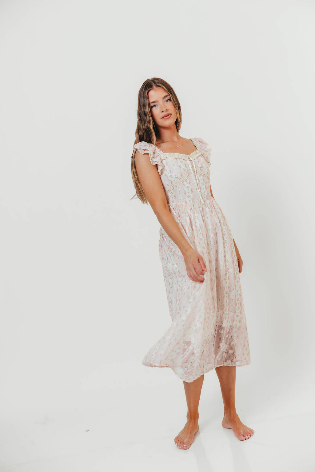 Leighton Vintage Lace Stripe Cottage Midi Dress in Pink - Image 7