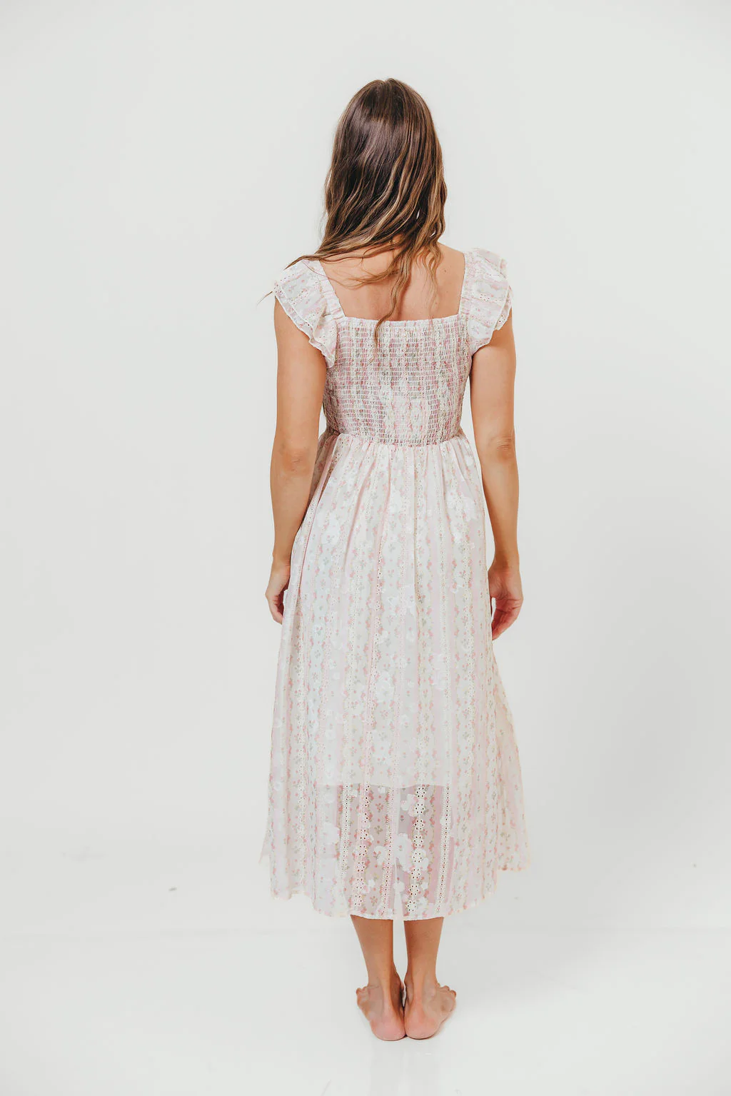 Leighton Vintage Lace Stripe Cottage Midi Dress in Pink - Image 8