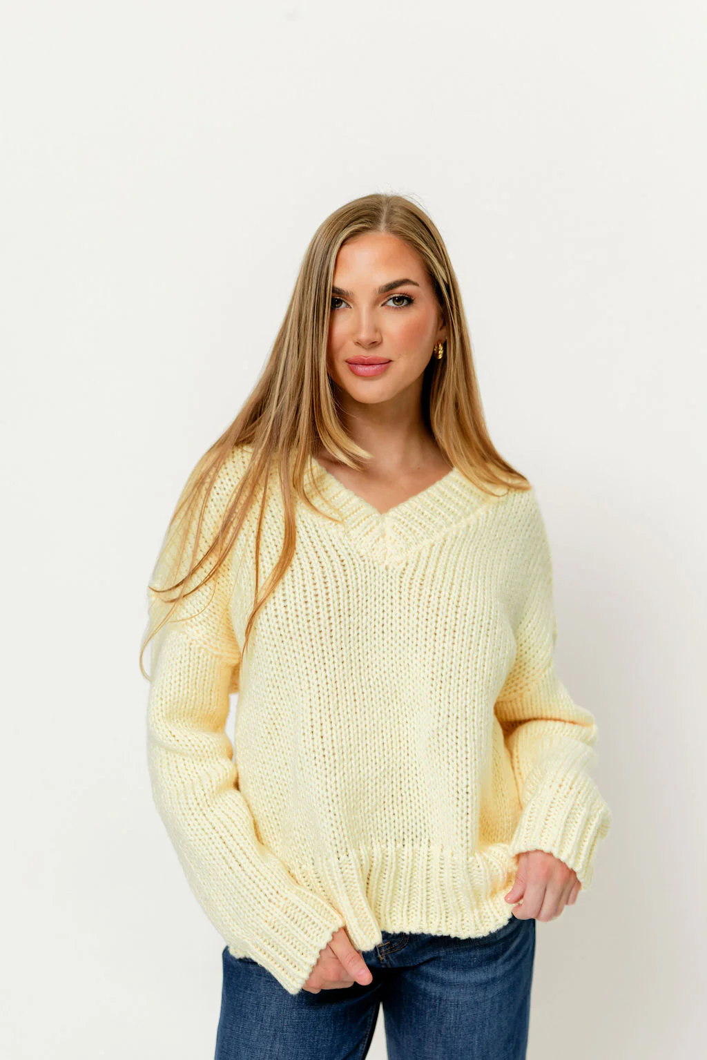 Lindsey Balloon Sleeve V-Neck Sweater in Butter