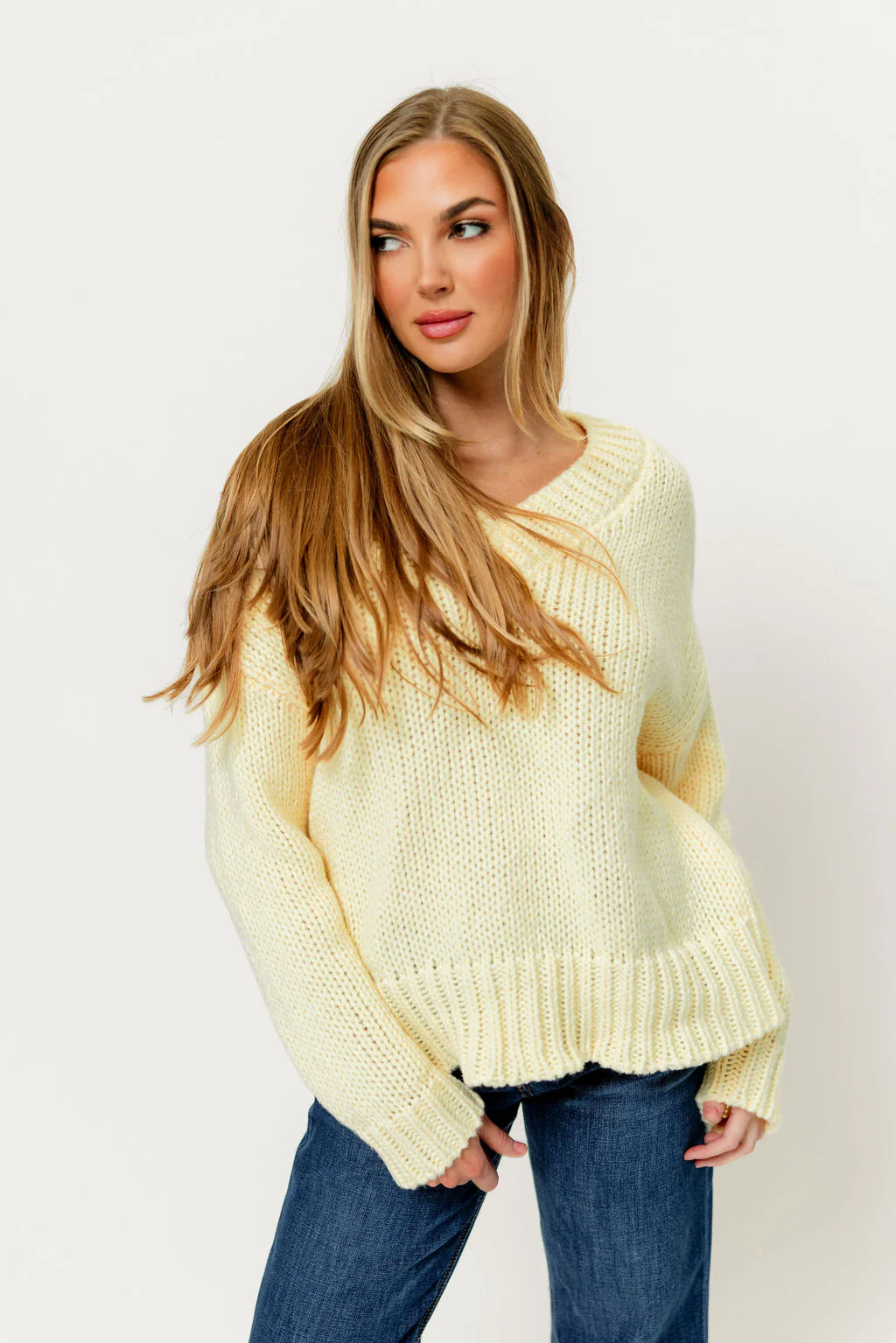 Lindsey Balloon Sleeve V-Neck Sweater in Butter - Image 2
