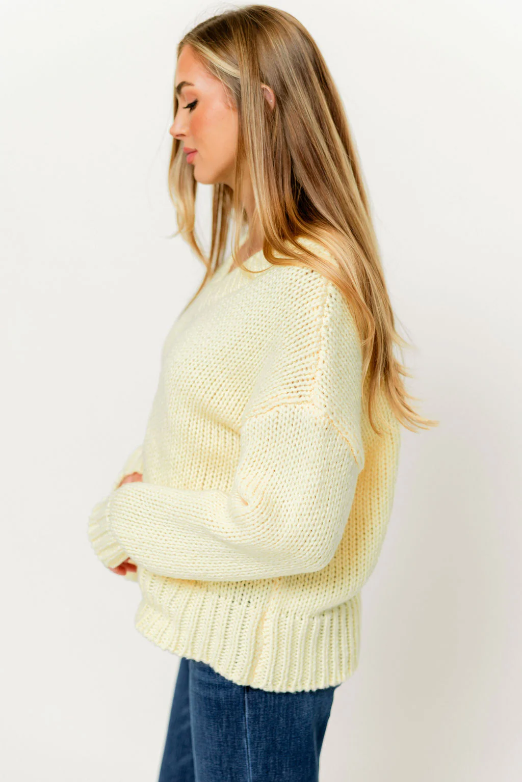 Lindsey Balloon Sleeve V-Neck Sweater in Butter - Image 3