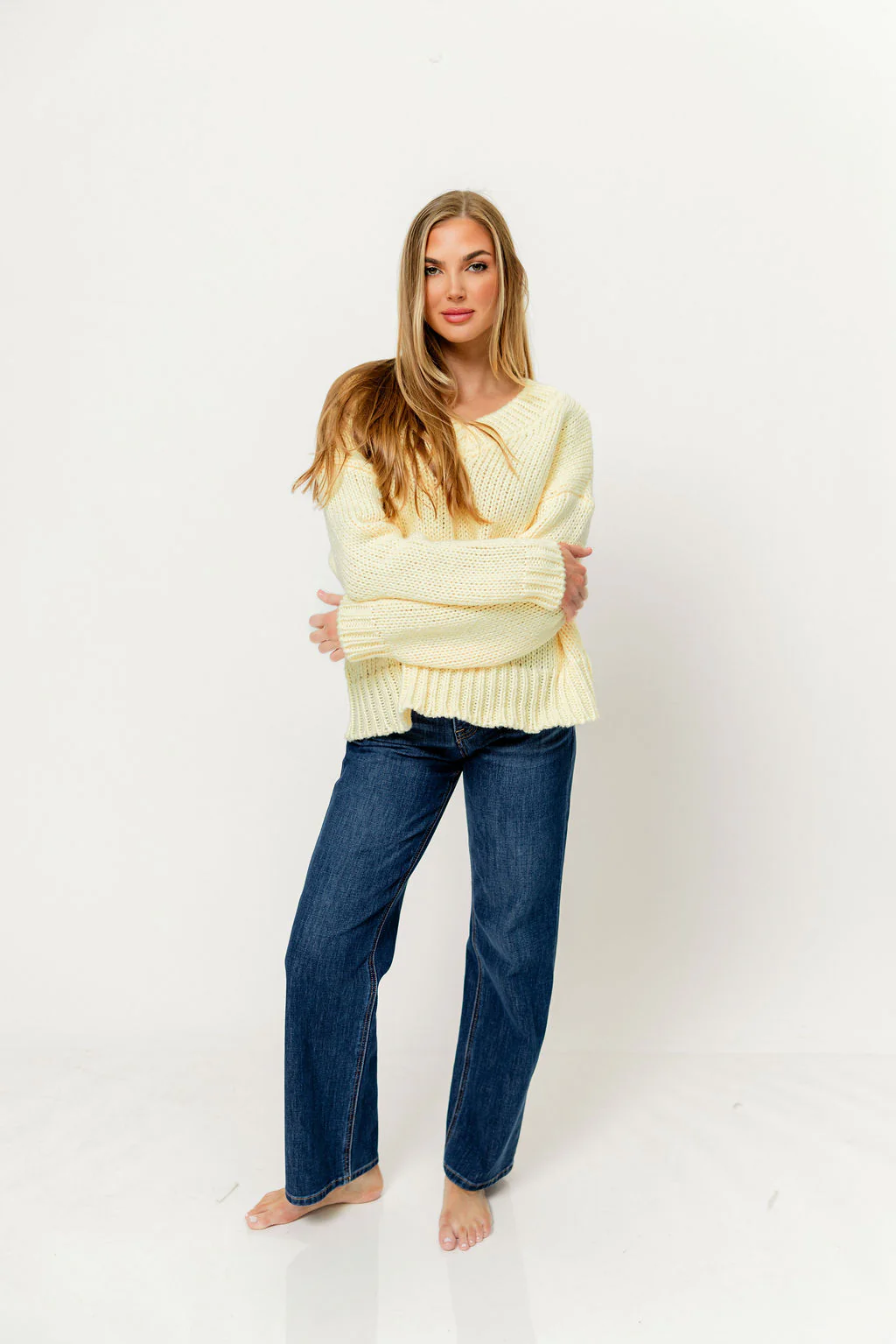 Lindsey Balloon Sleeve V-Neck Sweater in Butter - Image 5