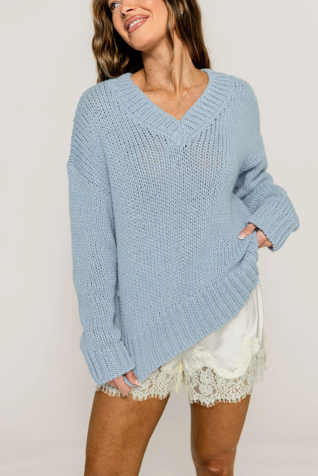 Lindsey Balloon Sleeve V-Neck Sweater in Light Blue - Image 4
