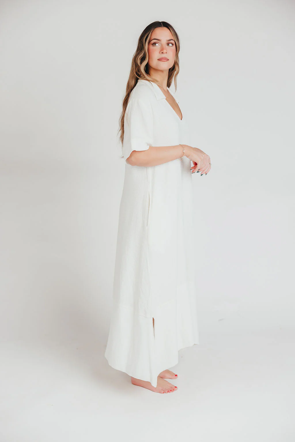 Fallon Linen-Blend Collared Midi Dress in Ivory - Bump Friendly - Image 11