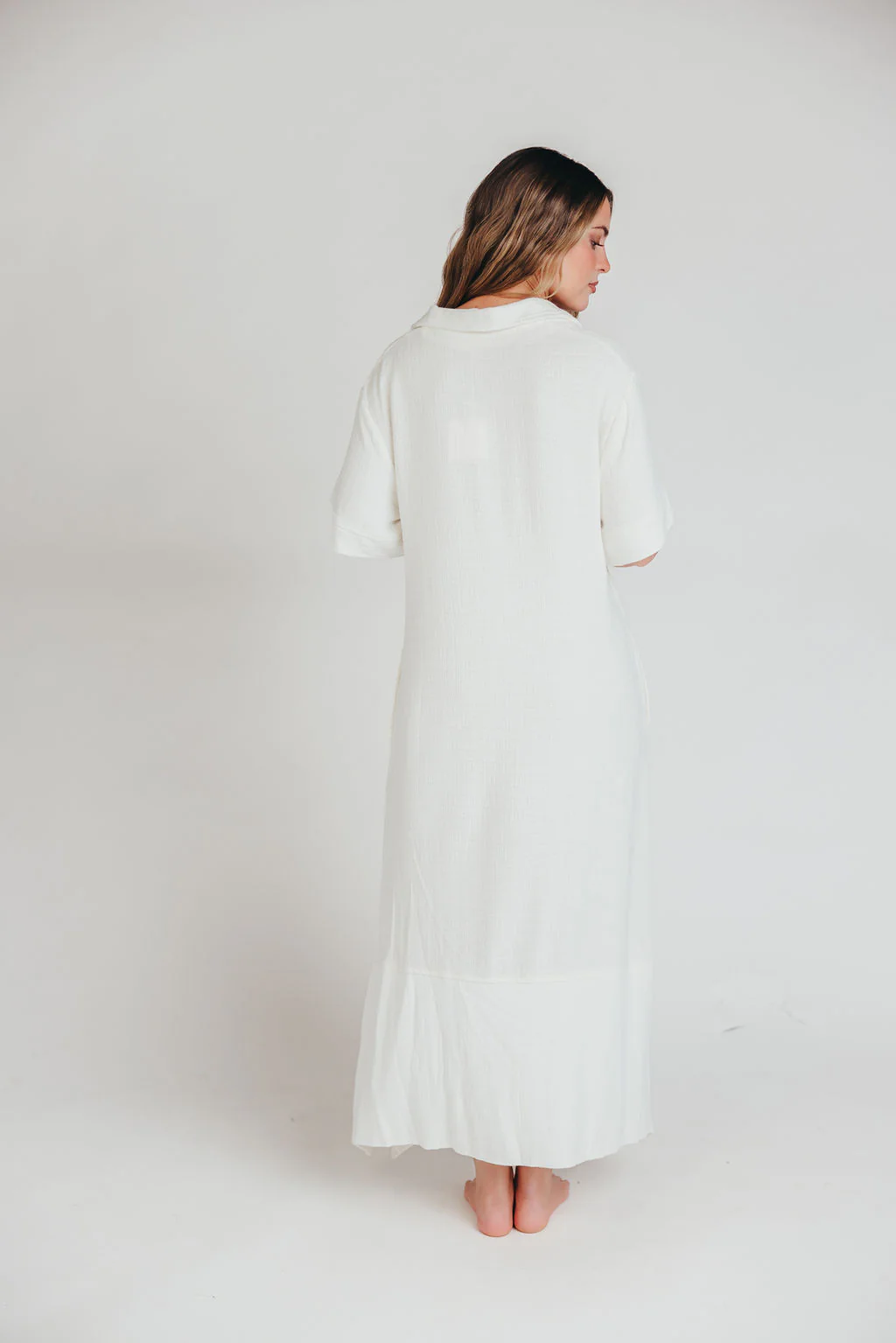 Fallon Linen-Blend Collared Midi Dress in Ivory - Bump Friendly - Image 12