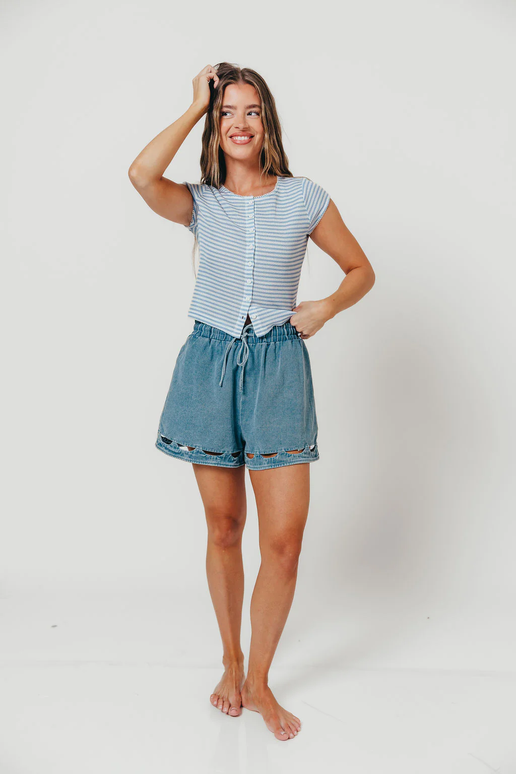 Linny Striped Ribbed Button Front Top in Blue/White - Image 2