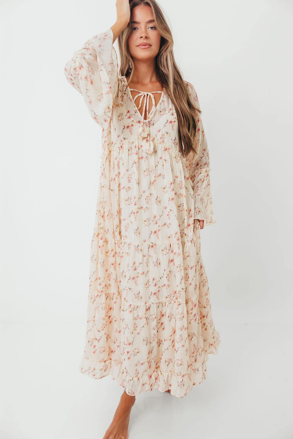 Lisa Woven Floral V-Neck Maxi Dress with Detachable Liner in Cream Multi - Bump Friendly - Image 10