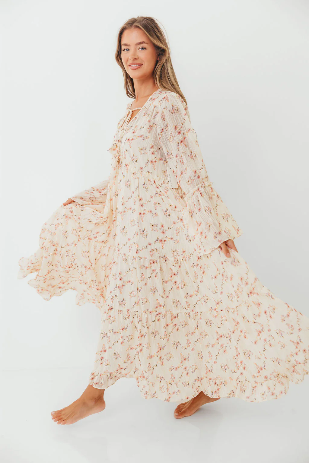 Lisa Woven Floral V-Neck Maxi Dress with Detachable Liner in Cream Multi - Bump Friendly - Image 2