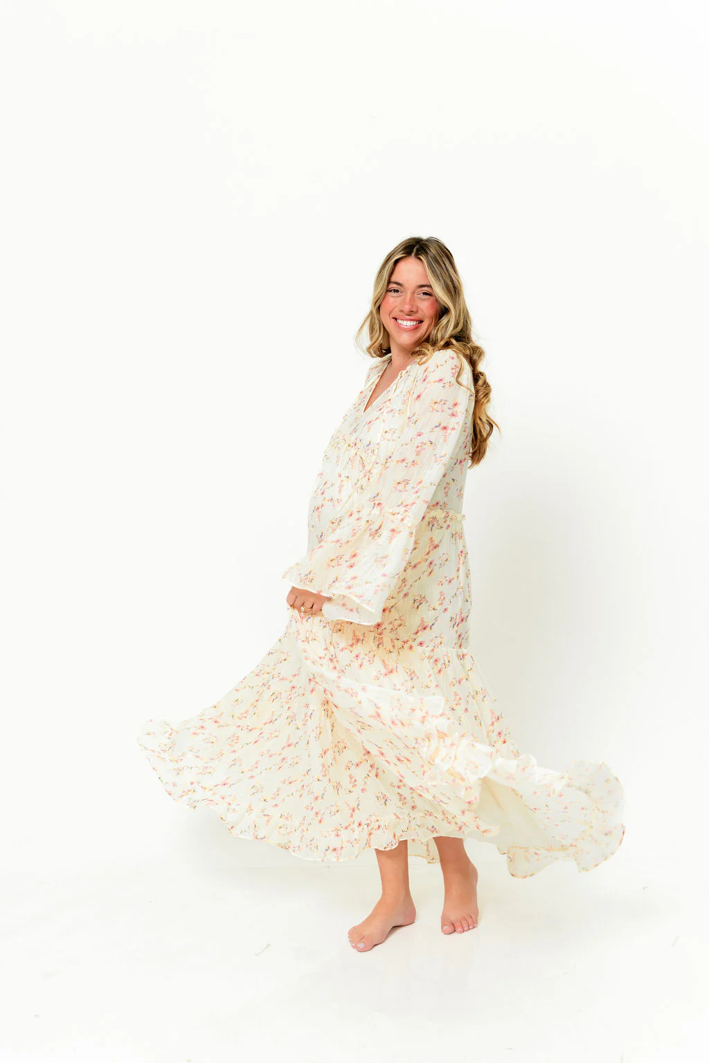 Lisa Woven Floral V-Neck Maxi Dress with Detachable Liner in Cream Multi - Bump Friendly - Image 23