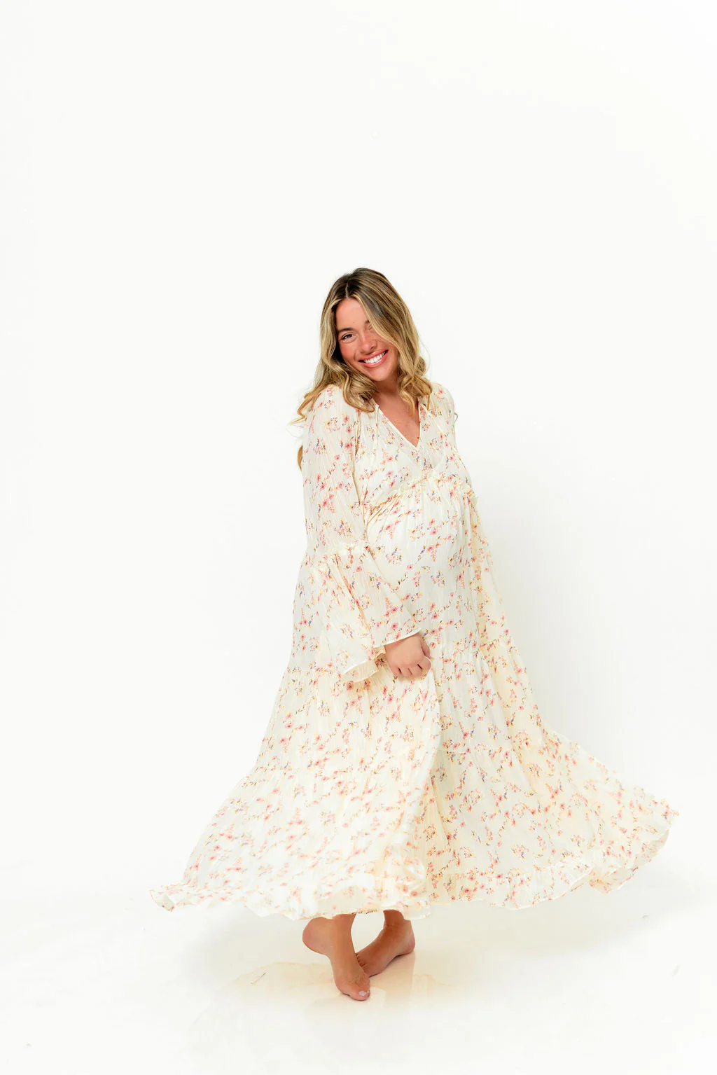 Lisa Woven Floral V-Neck Maxi Dress with Detachable Liner in Cream Multi - Bump Friendly - Image 24
