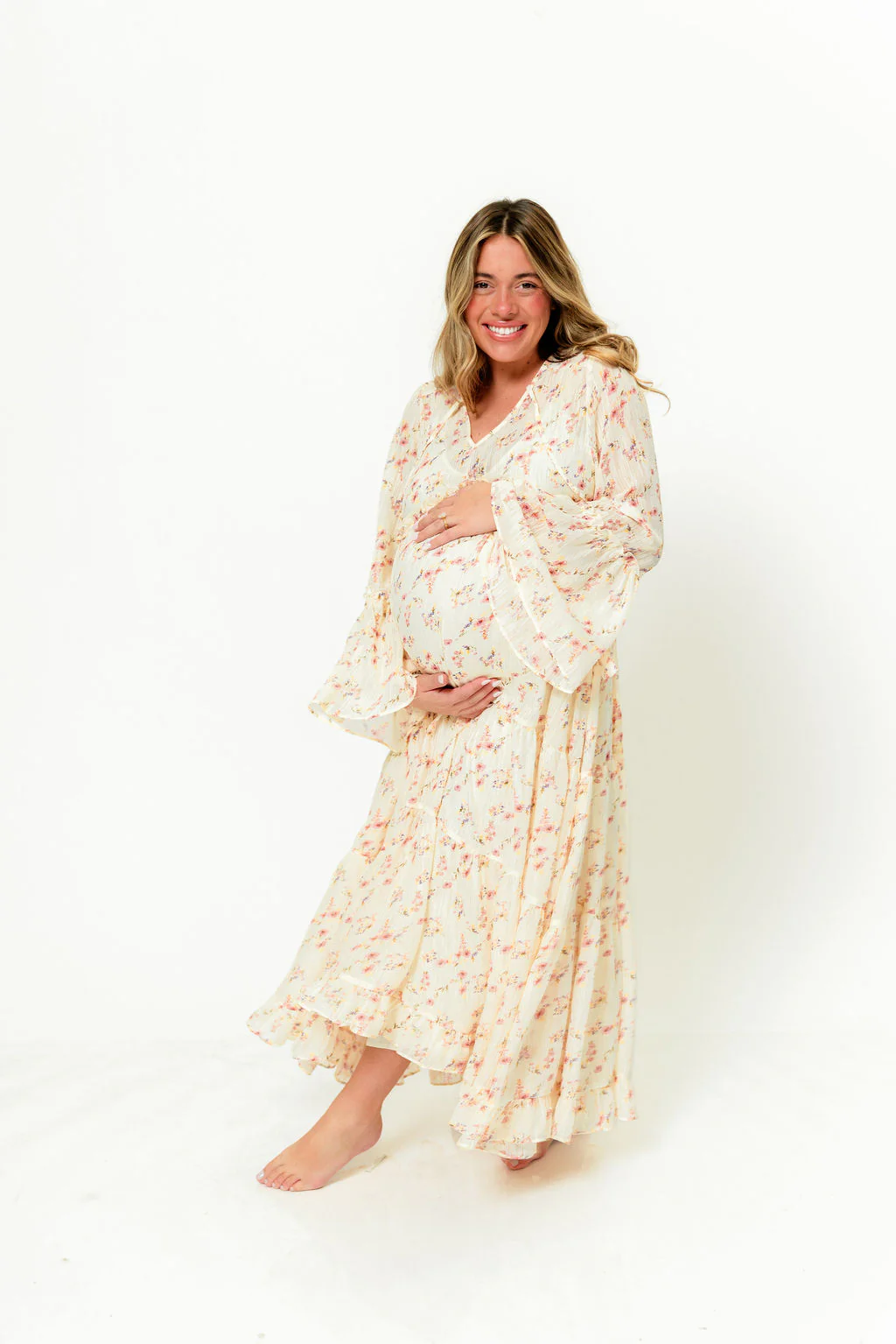 Lisa Woven Floral V-Neck Maxi Dress with Detachable Liner in Cream Multi - Bump Friendly - Image 26
