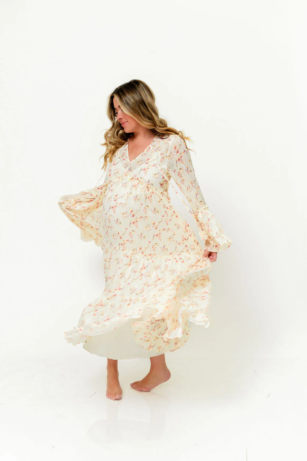 Lisa Woven Floral V-Neck Maxi Dress with Detachable Liner in Cream Multi - Bump Friendly - Image 29