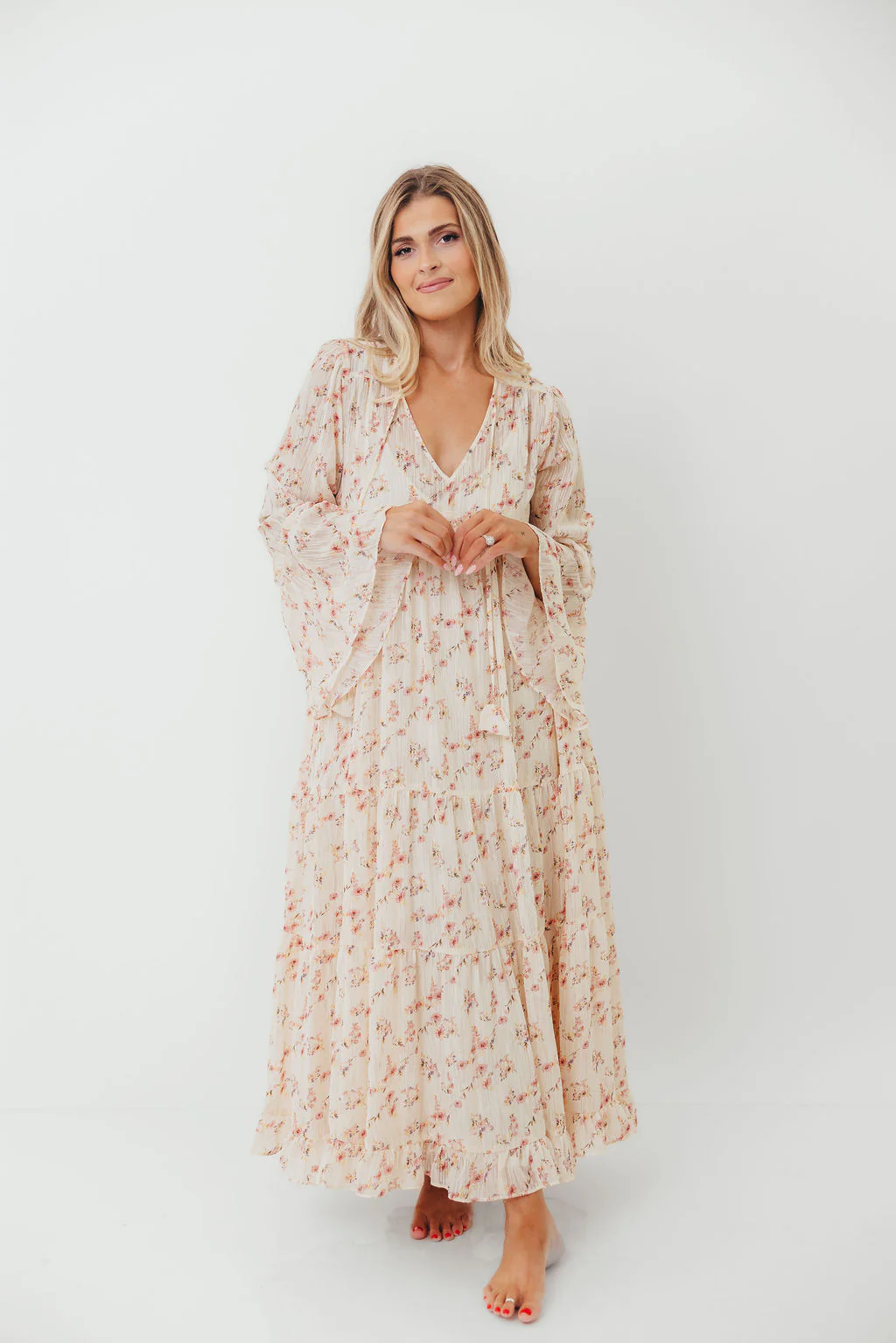 Lisa Woven Floral V-Neck Maxi Dress with Detachable Liner in Cream Multi - Bump Friendly - Image 3