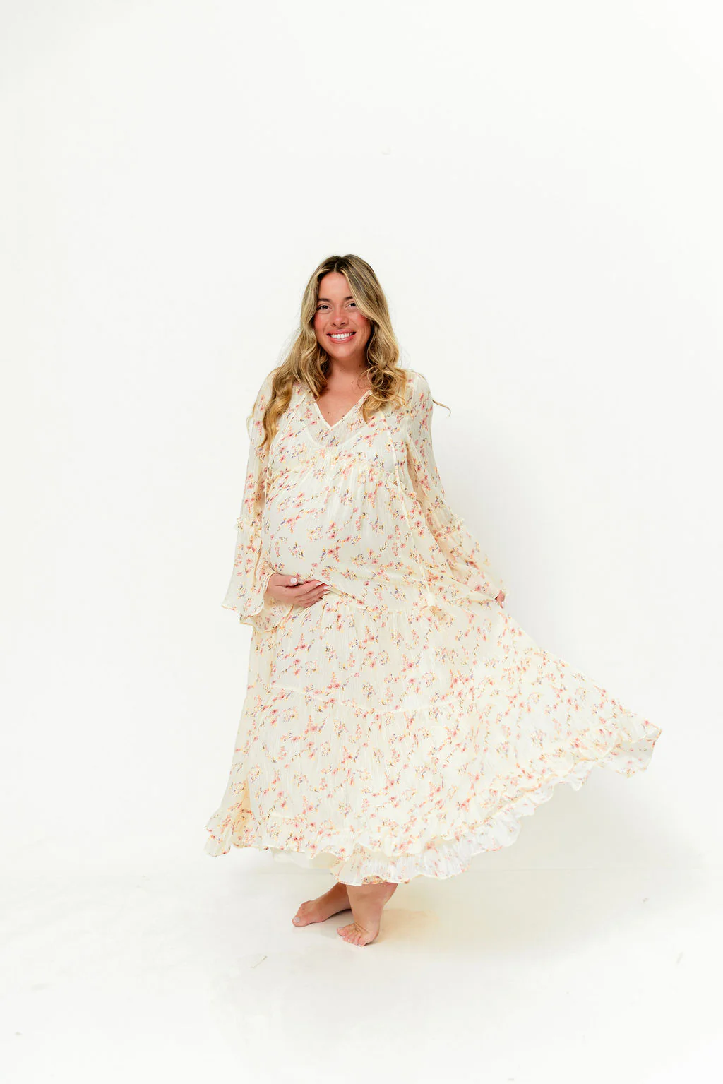 Lisa Woven Floral V-Neck Maxi Dress with Detachable Liner in Cream Multi - Bump Friendly - Image 31