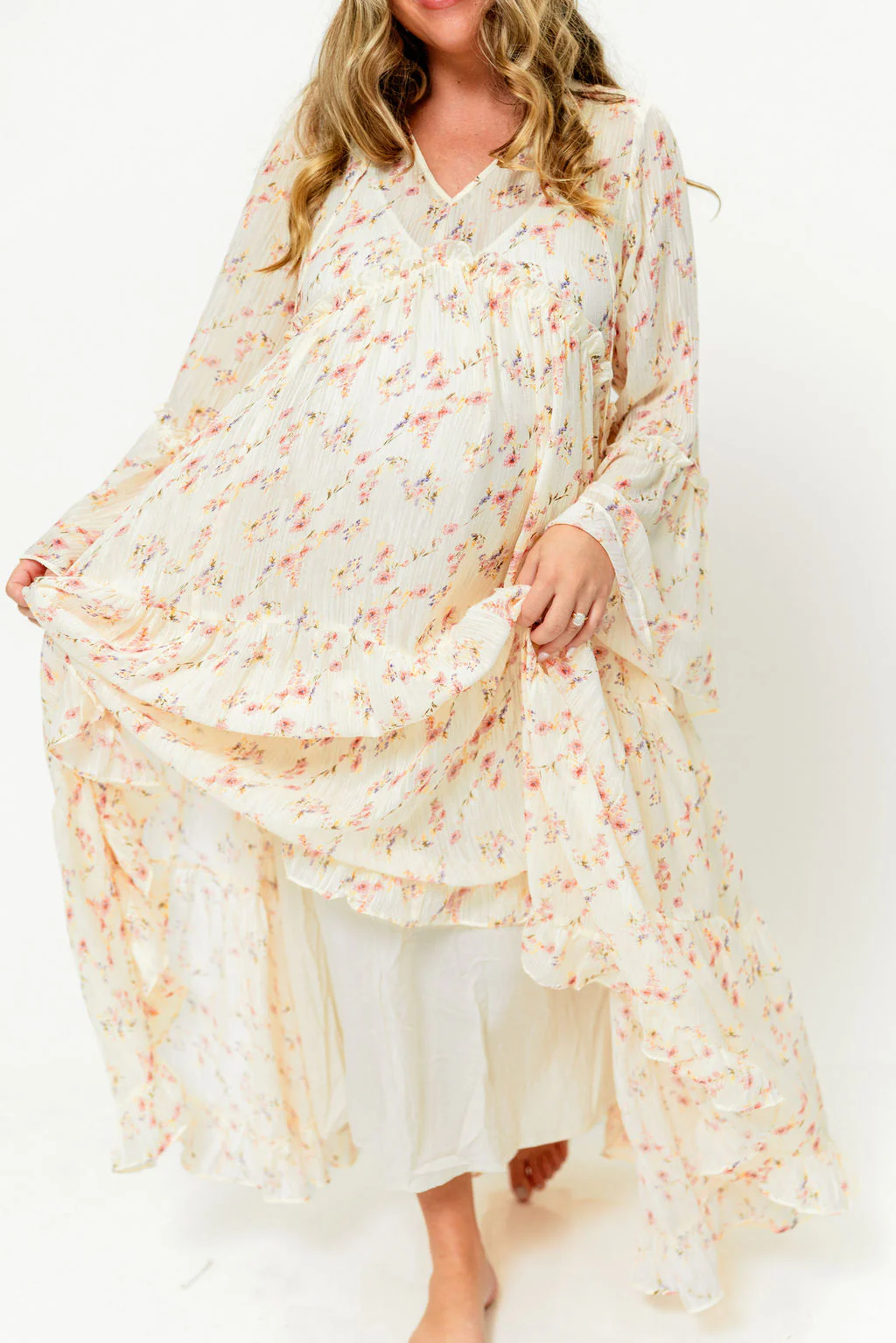 Lisa Woven Floral V-Neck Maxi Dress with Detachable Liner in Cream Multi - Bump Friendly - Image 34