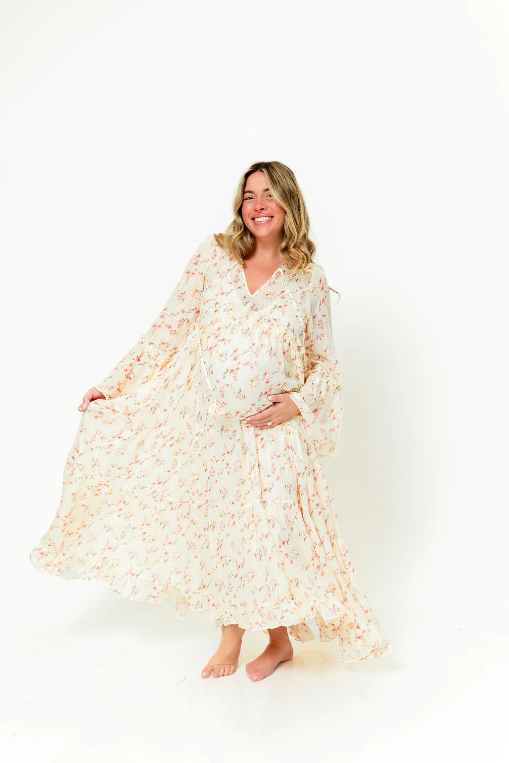 Lisa Woven Floral V-Neck Maxi Dress with Detachable Liner in Cream Multi - Bump Friendly - Image 4